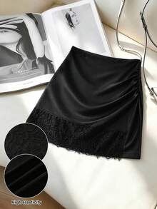 GlowEve CURVE Plus Size Women's Knitted Elastic Shiny Fabric Lace Patchwork Hem Elegant A-Line Skirt,Work Outfits For Women,Office Outfits For Women,Work Wear Women - Black - View 3