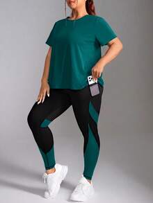 SHEIN Rhythm Era Women's Plus Size Short Sleeve Round Neck Sports Set Gym Sports Teal Summer - Olive Green - View 7
