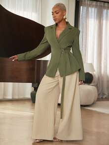 Vixey Solid Woven Notched Collar Wrap Around Oversized Blazer, Business Casual, Workwear, Polished, Tailored, Desk To Dinner, Power Dressing - Green - View 6