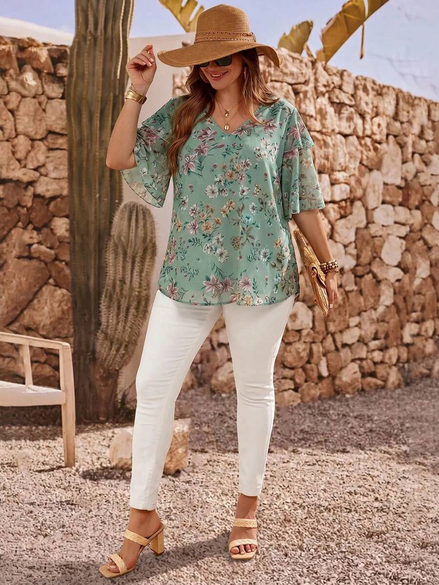EMERY ROSE Plus Size Women's V-Neck Floral Print Casual Versatile Daily Wear Blouse - Mint Green - View 1