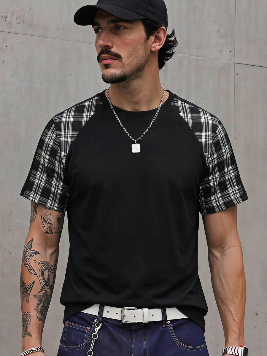 GENTILAND Camiseta casual de hombre con diseño de patchwork divertido - Negro - Ver 1