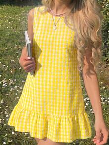 SHEIN Teen Girl Teen Girls Dresses, Casual Vacation Spring/Summer Fashion Cute Round Neck Yellow & White Plaid Loose A-Line Patchwork Ruffle Sleeveless Doll Dress - Yellow - View 5