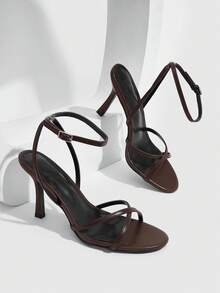 CUCCOO SZL Elegant Women's Brown Heeled Sandals With Ankle Strap And Thin Straps Perfect For Special Occasions - Deep coffee PU - View 1