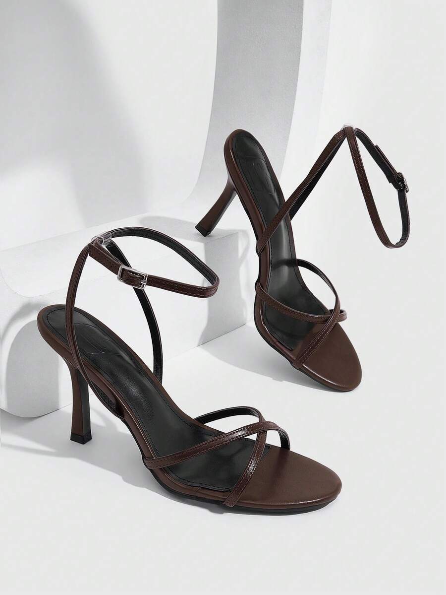 CUCCOO SZL Elegant Women's Brown Heeled Sandals With Ankle Strap And Thin Straps Perfect For Special Occasions - Deep coffee PU - View 1