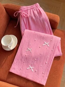 Comfortcana Women's Casual Solid Color Beaded Bow Decor Pants, Pink - Pink - View 5