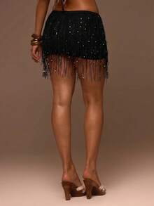 Musera Resort Sequin Fray Detail Co-Ord Mini Skirt Cover Up Summer Swim Beach Vacation Everyday Sexy Cute Boho - Black - View 5
