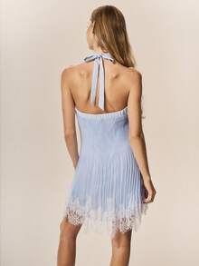 Willow Rêve Women's Blue Halter Neck Lace Hem Flowy Babydoll Dress, Romantic Vacation Style, Valentine's Day, Boho Style, Suitable For Dating, Picnic, Lace Dress - Blue - View 2