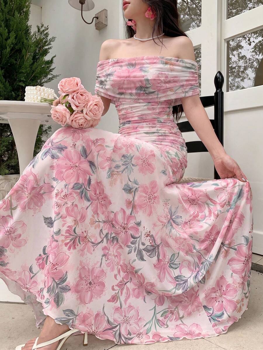 Modelyn 女款優雅法式長洋裝，網紗花卉印花，方領，百褶設計，適合夏季度假