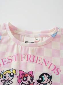 THE POWERPUFF GIRLS X SHEIN Young Girl Comfortable Casual Plaid Cartoon Print Crew Neck Short Sleeve T-Shirt With Fitted Shorts Co-Branded Set - Pink - View 4