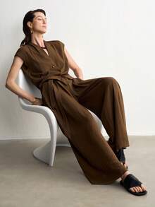 Aalyst Women's Fashion Commute Office Brunch Vacation Solid Color Top Wide Leg Pants 2 Pieces Set Dark Brown Summer Elegant Casual - Coffee Brown - View 9