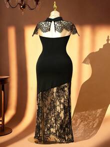 Rometta Plus Size Women's Summer Black Lace Strapless Shawl + Bandeau Solid Fabric And Lace Patchwork Bodycon Mermaid Waist Slimming Sexy Elegant Long Dress. Suitable For Casual, Date, Party. - Black - View 2
