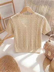 SHEIN Women's Hollow Knit Texture Short Sleeve Solid Color Fashion Casual Cardigan - Apricot - View 5