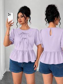 Elenzga Plus Size Women's Summer Solid Color Round Neck Puff Short Sleeve, Front Bow Tie, Short Ruffle Hem Blouse - Purple - View 1