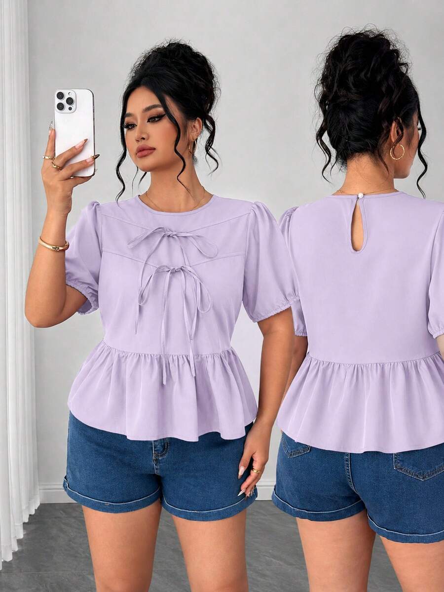 Elenzga Plus Size Women's Summer Solid Color Round Neck Puff Short Sleeve, Front Bow Tie, Short Ruffle Hem Blouse - Purple - View 1
