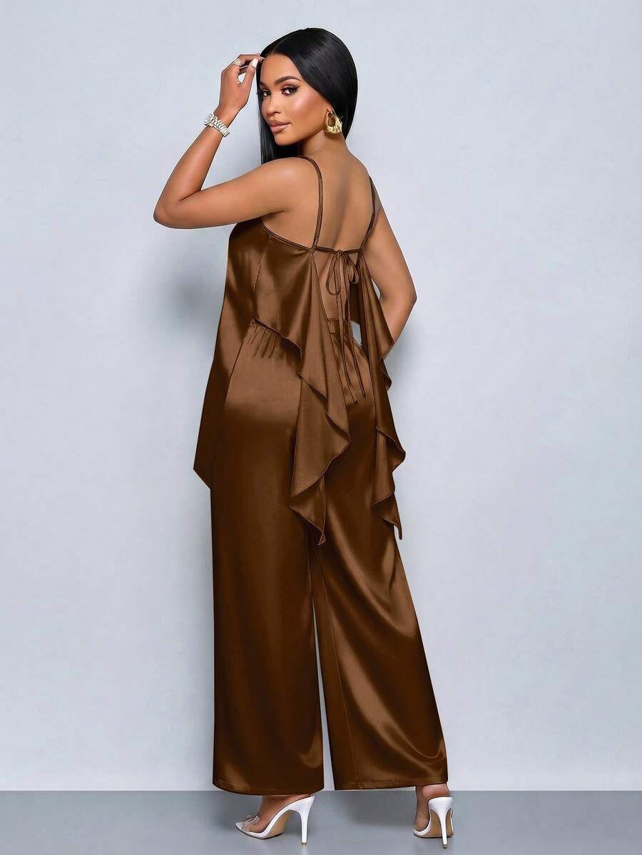 SOLERSUN 2pcs/Set Women's Summer Fashion Casual Elegant Coffee Brown Satin Asymmetrical Camisole Top And Wide Leg Pants Set Adjustable Strap Cami Top Sexy