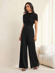SHEIN Tall 純色立領網布拼接修身優雅短袖連身褲 - 黑色 - 查看 8