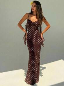 Aloruh Women's Spring/Summer New Brown & White Polka Dot Ruffled Collar Bodycon Dress,Summer Dresses For Women - Brown - View 6