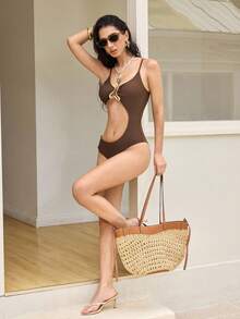 SHEIN Maillot de bain une pièce pour femme marron avec découpe asymétrique, décoration métallique, effet amincissant, sexy, bretelles réglables, décontracté, pour vacances et sources chaudes - Tabac - Voir 6