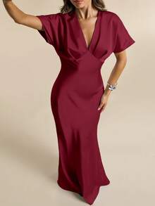 SHEIN BAE Robe élégante pour femme en satin bleu, col V profond, manches courtes, coupe sirène, printemps/été, robe de soirée, robe de cocktail, robe pour occasion formelle, robe de demoiselle d'honneur, robe pour fête d'anniversaire, robe de cocktail, robe bleue - Rouge foncé - Voir 7