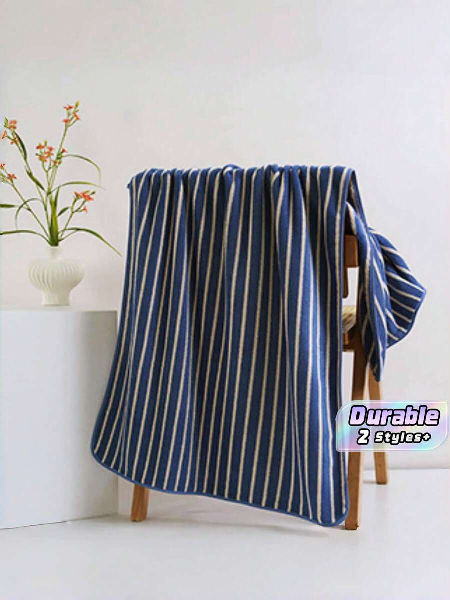 極簡條紋珊瑚絨超柔軟吸水快乾毛巾，35*75cm 手巾，70*140cm 浴巾 - 藍色 - 查看 1
