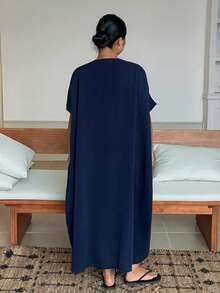 Dazy Plus Plus Size Women Solid Color Frill Trim Pullover Loose Long Nightgown Spring Summer Loungewear Dress Pajamas - Navy Blue - View 2