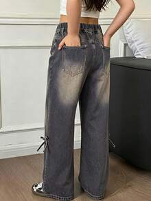 DAZY Tween Girl Elastic Waist Straight Leg Vintage Distressed Washed Denim Jeans Fall - Olive Green - View 2