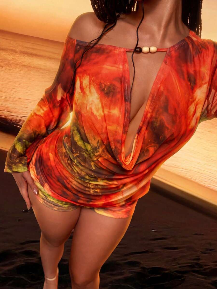 SHEIN LUNE Plus Size Women's Sexy Elegant Transparent Mesh Marble Digital Print 2 Pieces Set Fall Vacation Outfit: Long Sleeve Ruched V-Neck Cover-Up Red Sequin - Multicolor - View 1