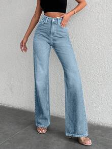 EURMUSE 99%Cotton Zipper Fly Straight Leg Jeans - Light Wash - View 3