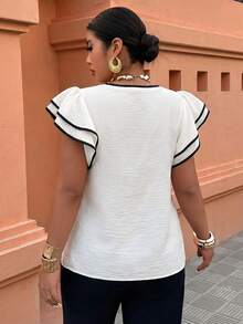 Weeklong Spring/Summer Women's Loose Casual Vacation Blouse With Ruffle Sleeves And Contrast Trim In Apricot - Light Yellow - View 2