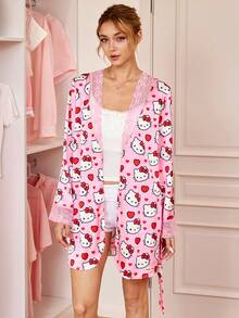 HELLO KITTY AND FRIENDS | SHEIN 女款卡通印花蕾絲拼接睡裙 - 粉色 - 查看 3