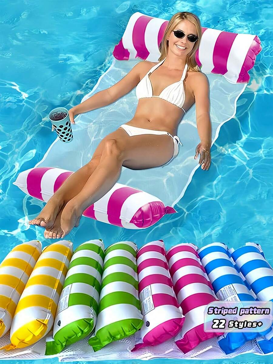 1pc Inflatable Pool Hammock With Mesh - Striped Adult Lounger, Suitable For Vacation, Party And Relaxation, Available In Pink, Yellow, White, Green, Blue And Other Colors, Outdoor Hammock, Essential For Beach And Pool, Great For Photography Must Have - Multicolor - View 1