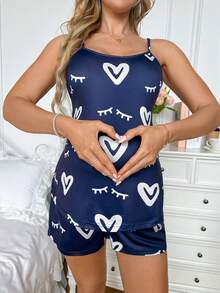 Moonlight&Mama Moonlight & Mama Basic Minimalist Navy Blue Knit Heart Print Design Camisole & Shorts Maternity Pajama Set - Navy Blue - View 4