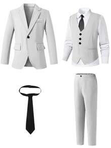 4-Piece Boys Light Grey Suit Jacket Vest Tie Trousers, Gentleman Formal Outfit For Performance, Wedding, Graduation, Birthday Party, Autumn - Light Grey - View 5