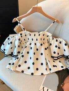 GlowEve French Retro Vacation & Commute Off-Shoulder Polka Dot Print Halter Sexy Asymmetrical Ruffle Blouse For Women - Multicolor - View 2