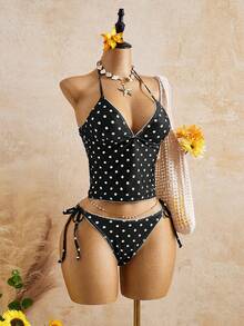 Swim Mod Summer Sweet Cherry Plaid Tank Bikini Set - Black and White - View 12