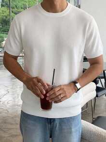 DAZY Camiseta de punto de manga corta y cuello redondo de color liso para hombre, verano - Albaricoque - Ver 4