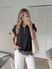 Easowa With Half-Zip Placket, Wide Shoulders, Lace Patchwork, Traceable Cotton Fabric, Casual Relaxed Elegant Commuter Vacation Spring Summer Office Black - Black - View 3