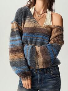 Bohemela Sweater Rajut Longgar Leher V Gradien Vintage - Lime Green - View 7