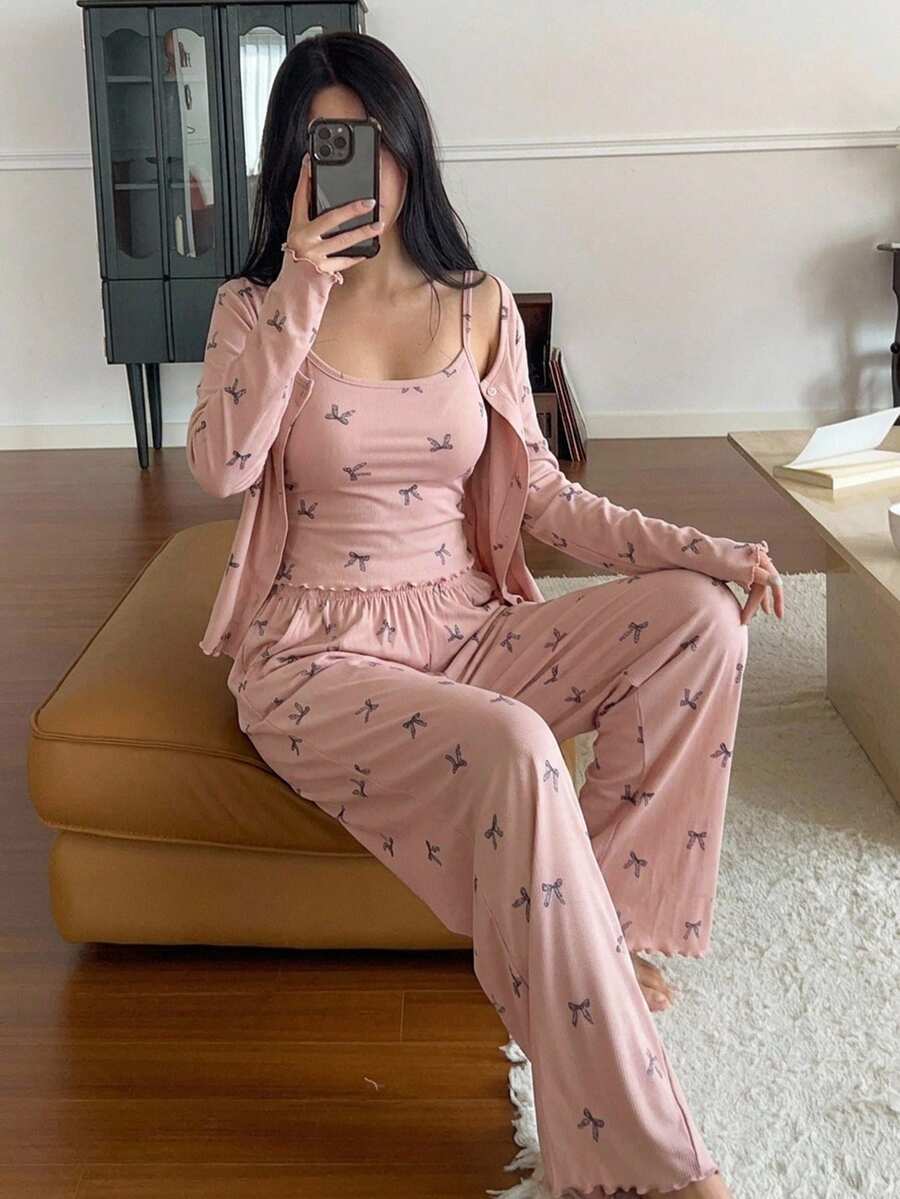 DAZY 女款 3 件式蝴蝶結圖案滿版印花開襟衫、細肩帶背心與長褲夏季睡衣套裝 - 粉色 - 查看 1