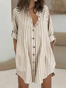SHEIN Women's Spring/Summer New Striped Casual Vacation Shirt Dress - Coffee - View 3