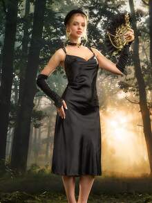 PinupPomp Women's French Style Butterfly Backless Pajama Slip Dress, Long Skirt Luxeloungewear - Black - View 5