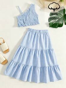SHEIN Elladie kids 女童新款清新度假風單肩抹胸無袖上衣 + 藍白直條紋紋理層次荷葉邊裙 2件套，適合海灘度假、外出、公園、短途旅行、生日派對、下午茶、親子活動、遊樂園、夏季 - 藍色 - 查看 3