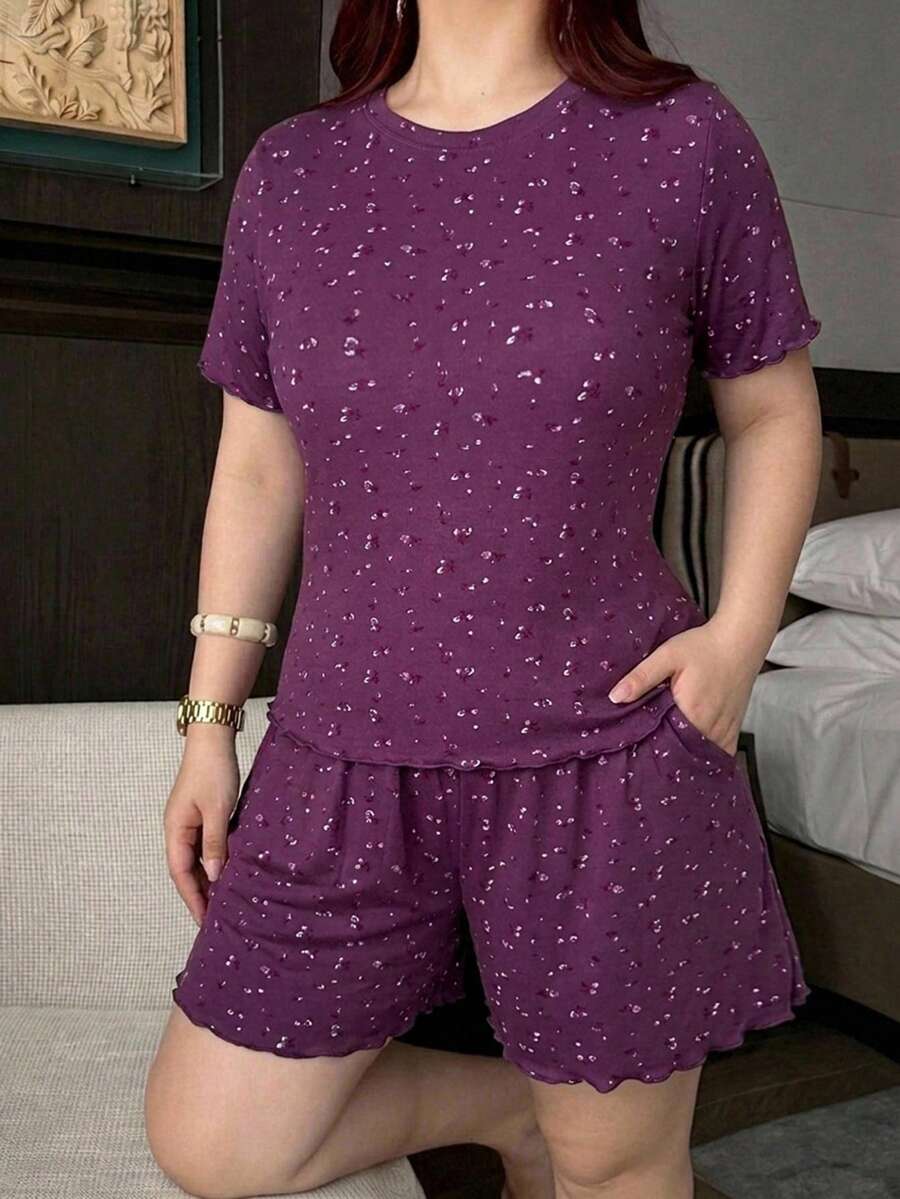 Dazy Plus 舒適小碎花針織短袖背心與短褲兩件套大尺碼女款春夏睡衣 - 紫羅蘭色 - 查看 1
