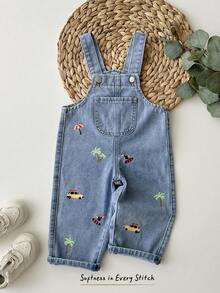 Cozy Pixies Overol de mezclilla con estampado de palmeras para bebé niño, cómodo y versátil - Azul - Ver 10