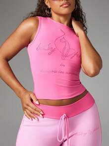 BABYPHAT Ribbed Flare Leg Pants With Contrast Waistband Drawstring And Logo Embroidery Detail - Baby Pink - View 4