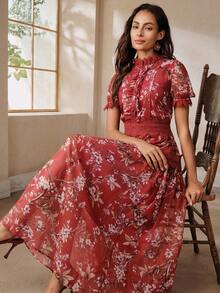 Anewsta Women's Elegant Heavy Embellished Stand Collar Patchwork Lace Floral Dress - Red - View 4