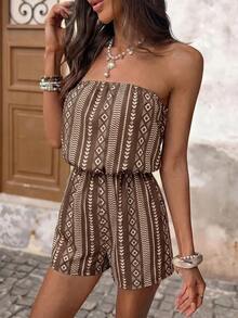 Brillora Women's Loose Printed Halter Jumpsuit Suitable For Summer Vacation Holiday Beach Brown And White Boho Jamican Sexy Tropical - Brown - View 5
