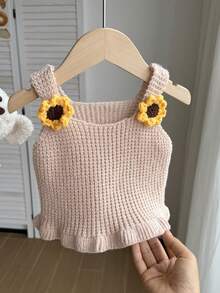 Baby Girl Crochet 3D Floral Decor Ruffle Hem Knit Vest Back-To-School - Beige - View 1