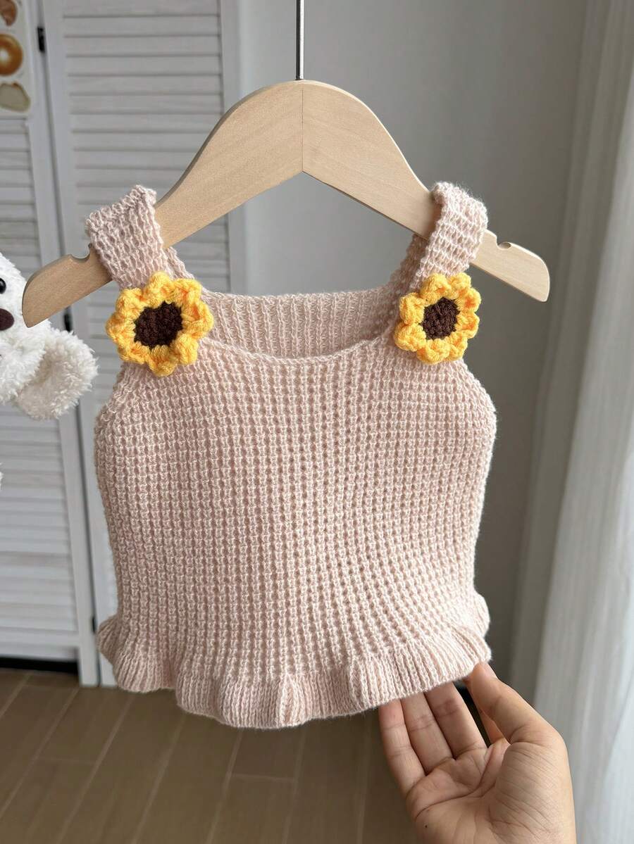 Baby Girl Crochet 3D Floral Decor Ruffle Hem Knit Vest Back-To-School - Beige - View 1