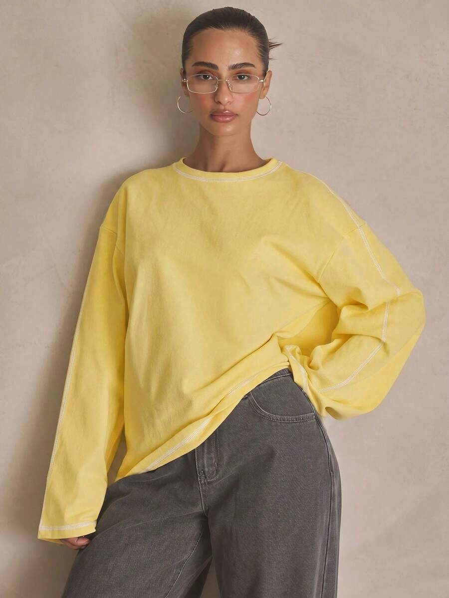 MUSERA Washed Oversized Long Sleeve Top Summer, Sporty, Casual, Day, Streetstyle, Streetwear Spring - Yellow - View 1